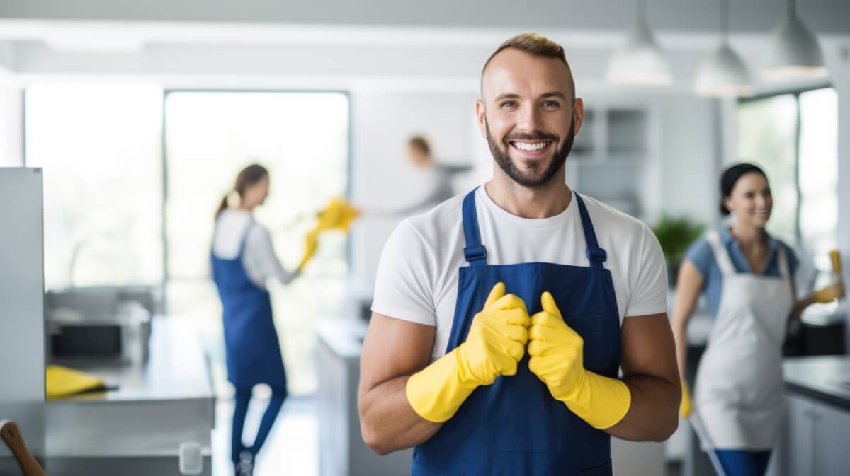 Zespół uśmiechniętych osób w fartuchach i rękawiczkach zajmuje się sprzątaniem budynków komercyjnych.